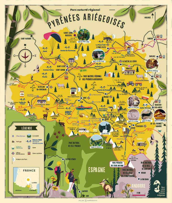 Illustrated tourist map for Pyrenees Ariegeoises Natural Park