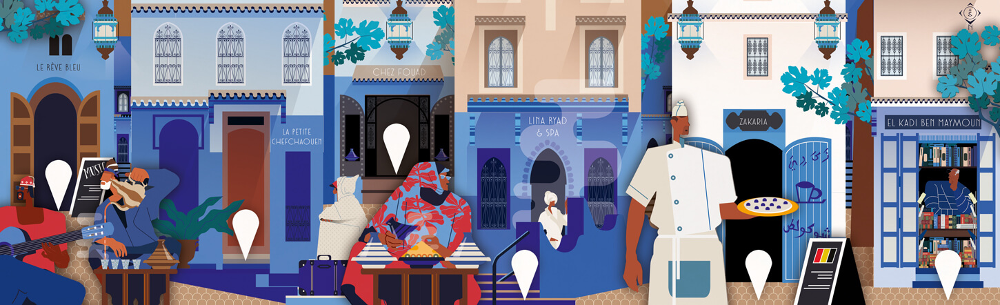 Illustrated characters Chefchaouen