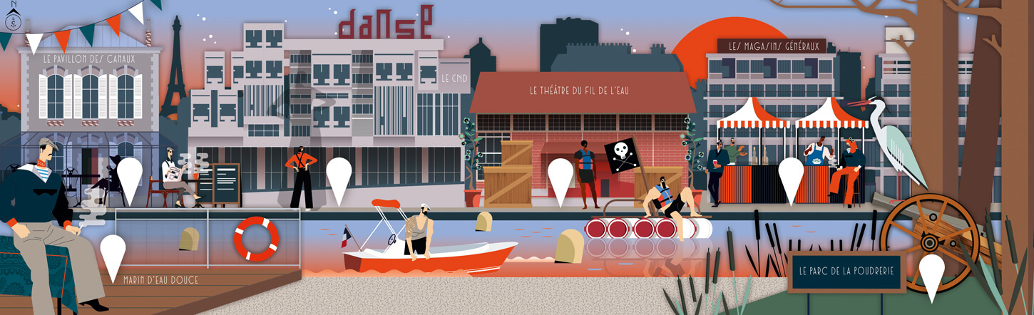 Illustrated characters Paris - le canal de l’Ourque