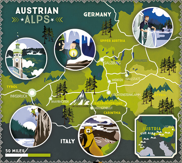 Illustrated map Lonely Planet Austrian Alps