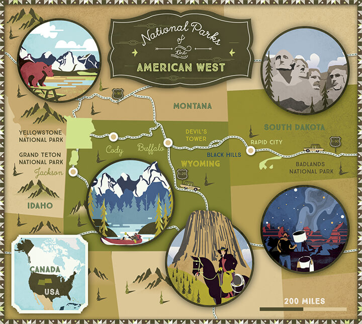 Illustrated map Lonely Planet American West National Parc