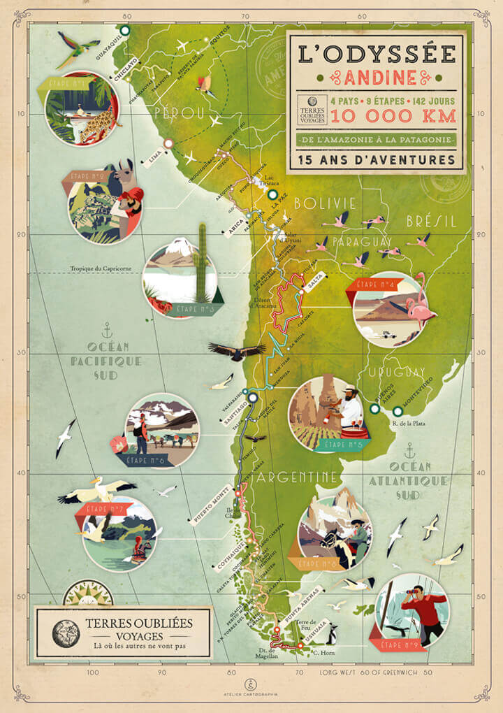 Illustrated map L'Odyssée Andine for Terres Oubliées