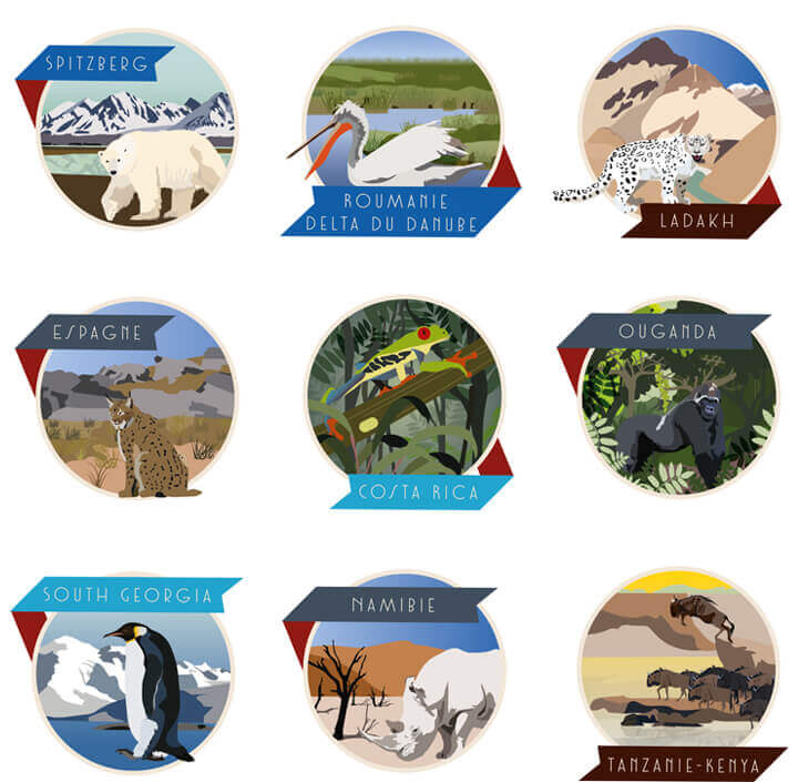 Country illustrations for L'Épopée Sauvage illustrated map